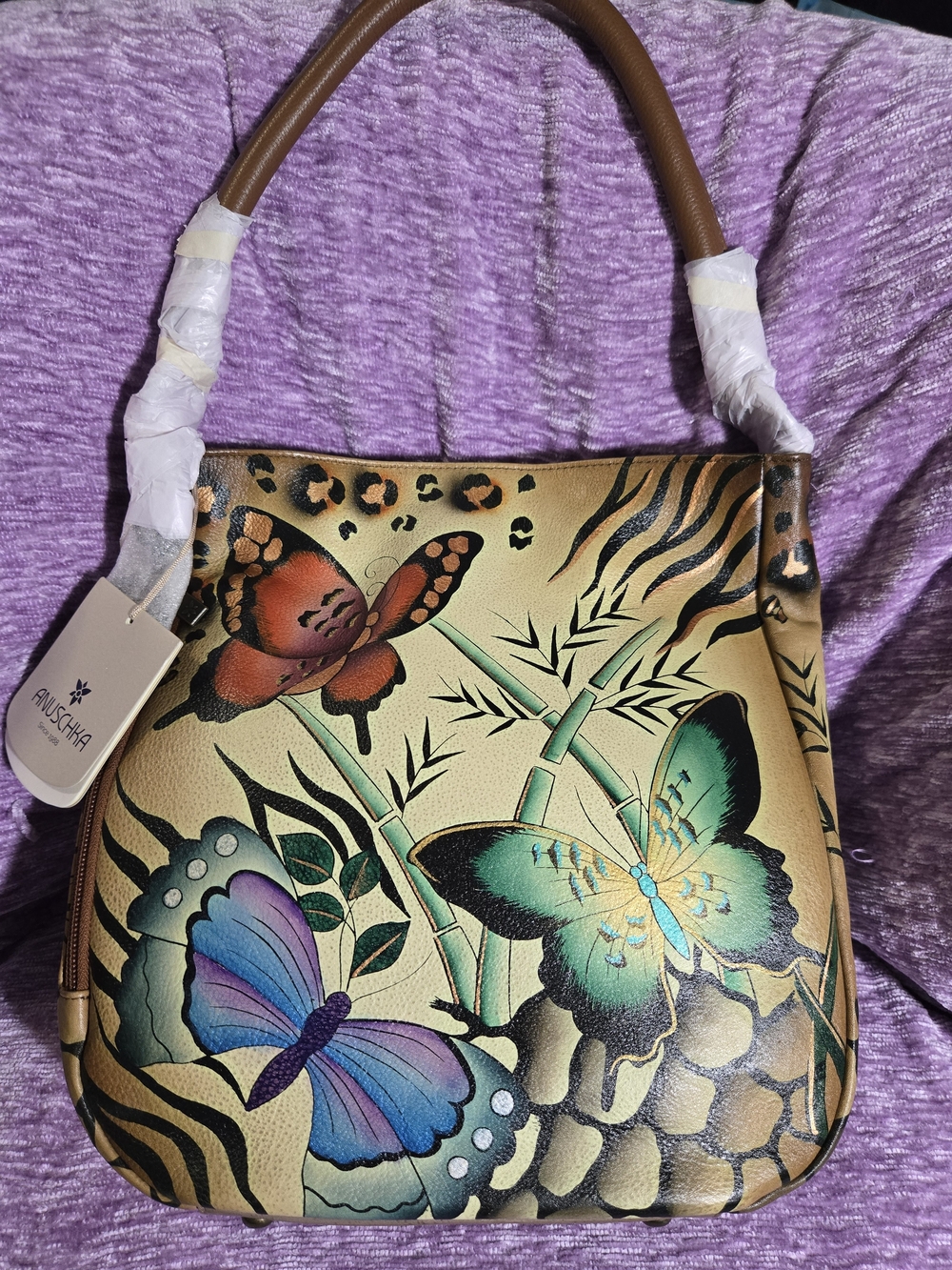 ANUSCHKA Tan Butterfly-Print Leather Hobo Shoulder Bag. NWT